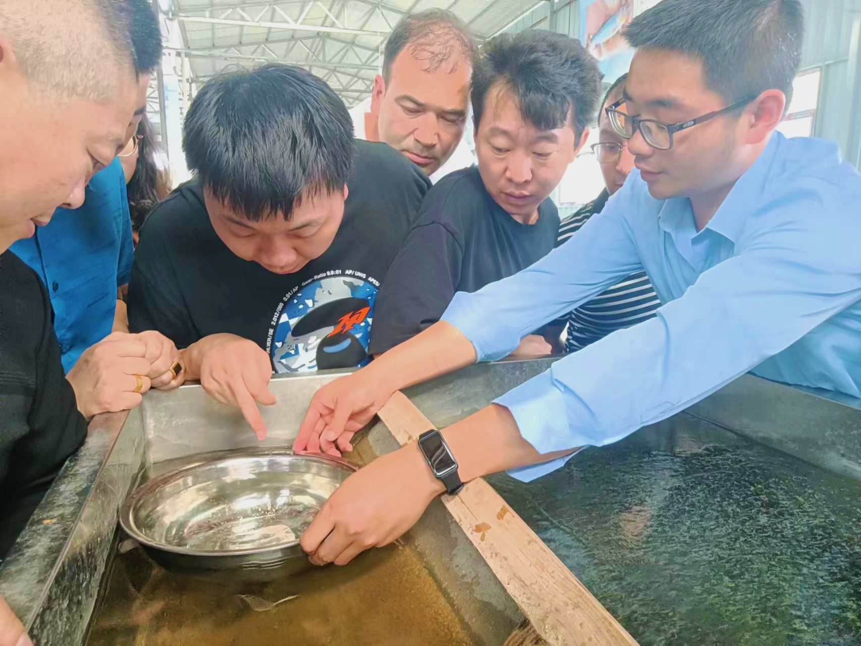 桃花山水产养殖基地内，技术人员向新疆学员们讲解鱼卵孵化。农民日报·中国农网记者 李道忠 摄