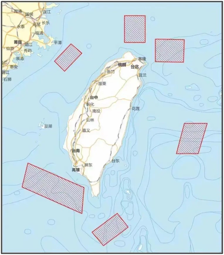 佩洛西窜访台湾后，中方公布的演习范围地图