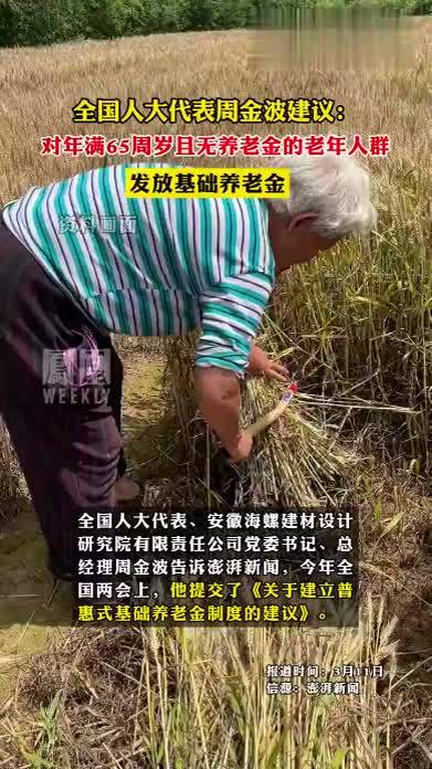 全国人大代表周金波建议：对年满65周岁且无养老金的老年人群，发放基础养老金