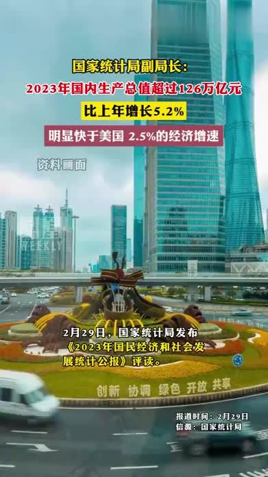 国家统计局副局长：2023年国内生产总值超过126万亿元，比上年增长5.2%，明显快于美国 2.5%的经济增速