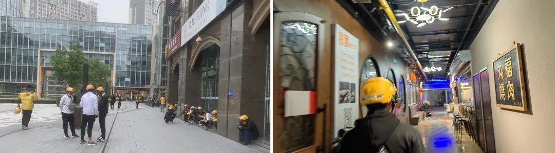 ◎图左:外卖员们蹲坐在楼下等待派单 图右:接单后,外卖小哥急忙上楼取餐