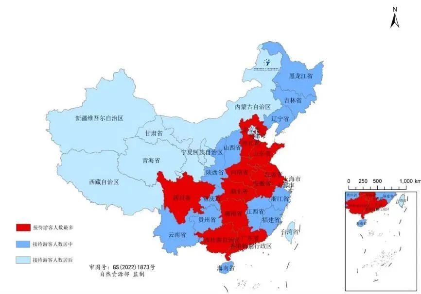 2024年春节假期省域国内游客接待情况分级图。图源:中国旅游研究院