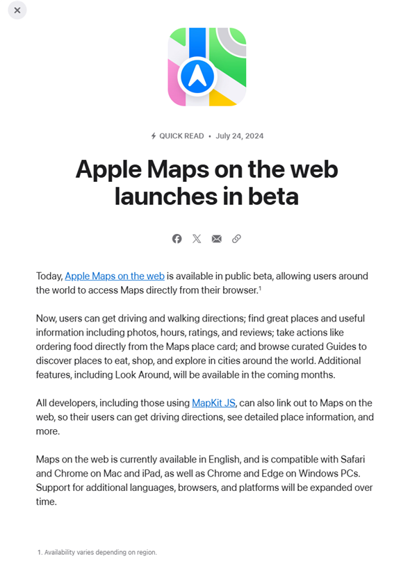 苹果推出Apple Maps网页版地图:兼容Win PC Chrome、Edge浏览器