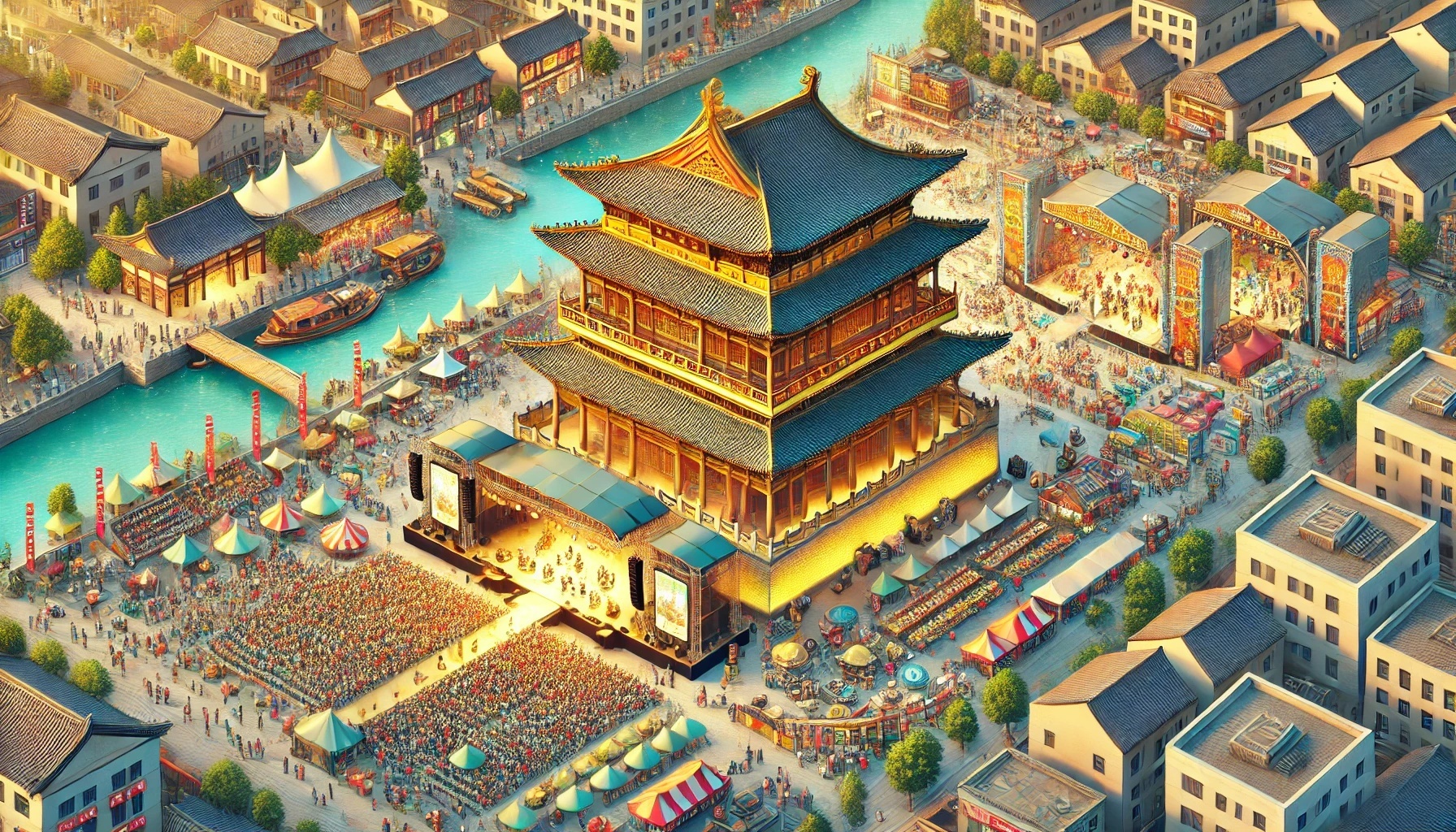 DALL·E 2024-07-30 10.43.36 - A detailed horizontal photo of Yellow Crane Tower (Huanghelou) with a vibrant music festival happening around it. The tower should be depicted with it.webp