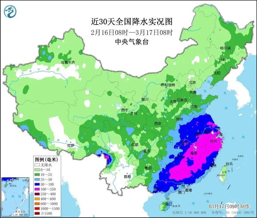 近30天降水分布图可以看出，西南地区的降水比江南、华南少了很多。图：中央气象台