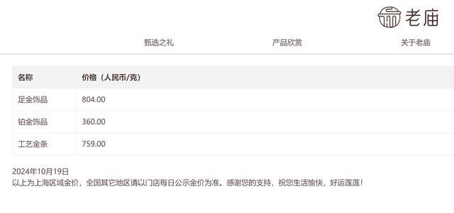 10月19日各品牌黄金报价。图源 网络