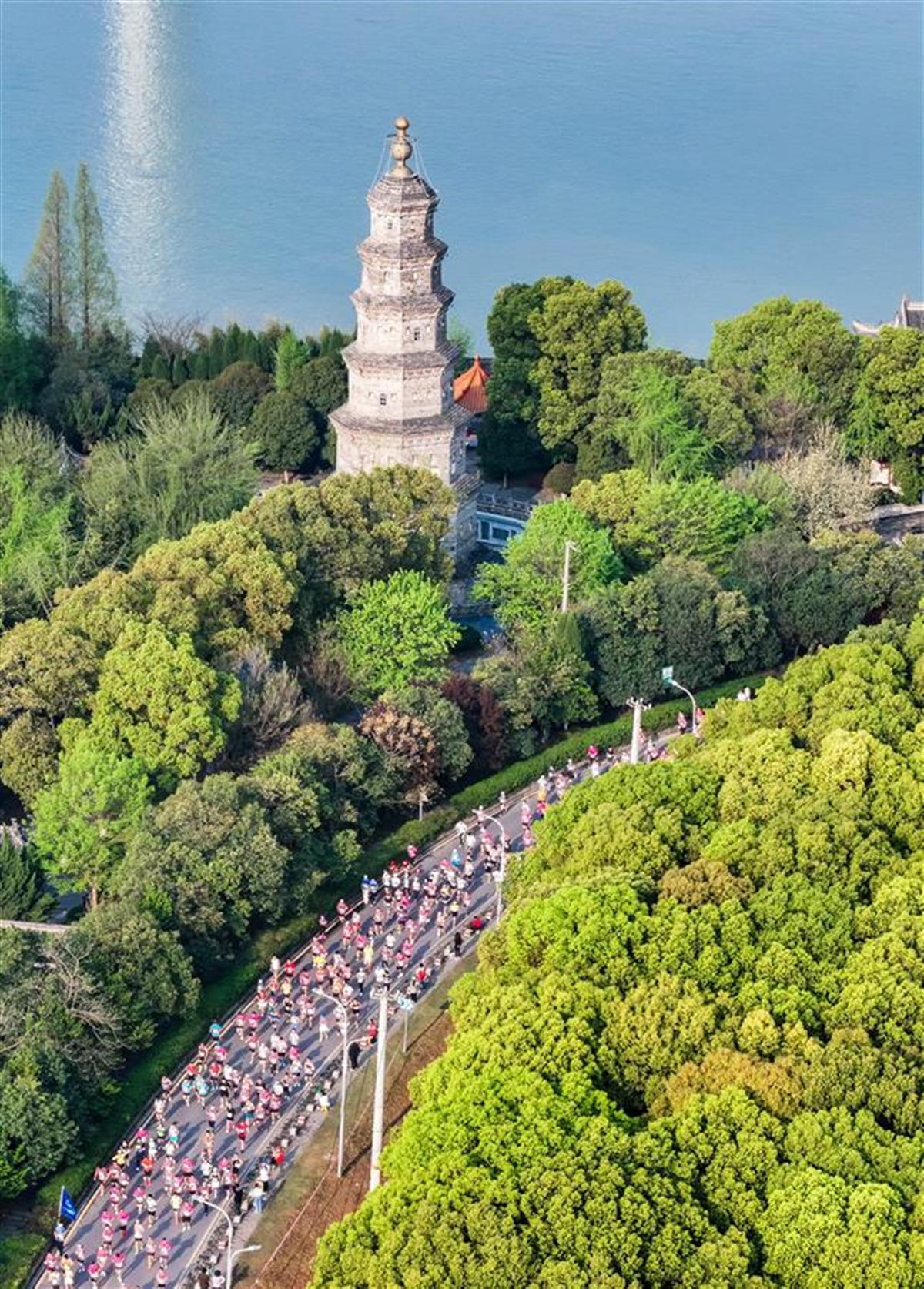 选手在荆江大堤赛段奔跑,途径荆州万寿宝塔.jpg