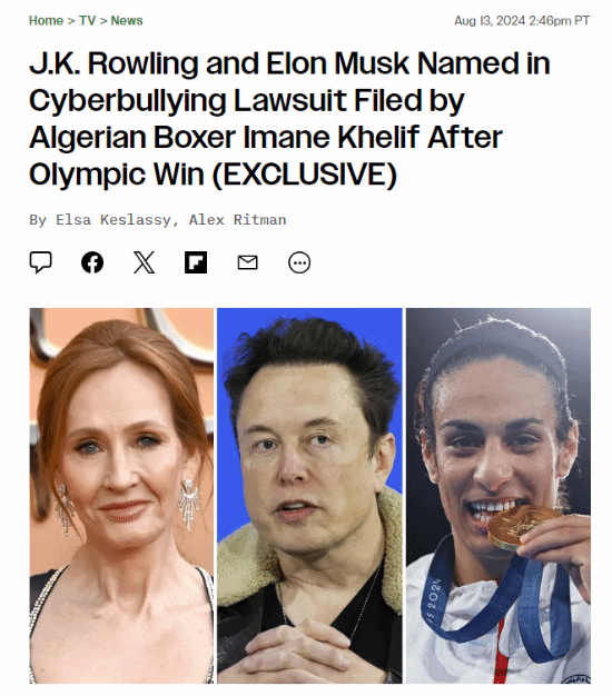 拿下奥运会金牌!性别争议拳手起诉马斯克、JK罗琳:开始打击网络暴力