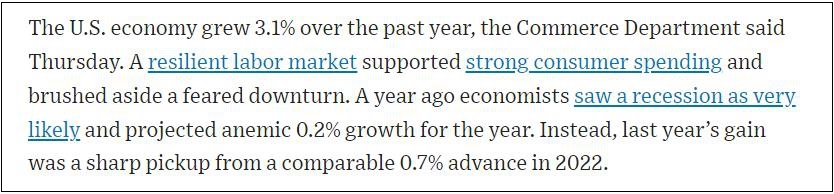 《华尔街日报》对于美国2023年GDP增长的描述是3.1（图片来源：https://www.wsj.com/economy/gdp-us-economy-fourth-quarter-2023-9fc372f0）