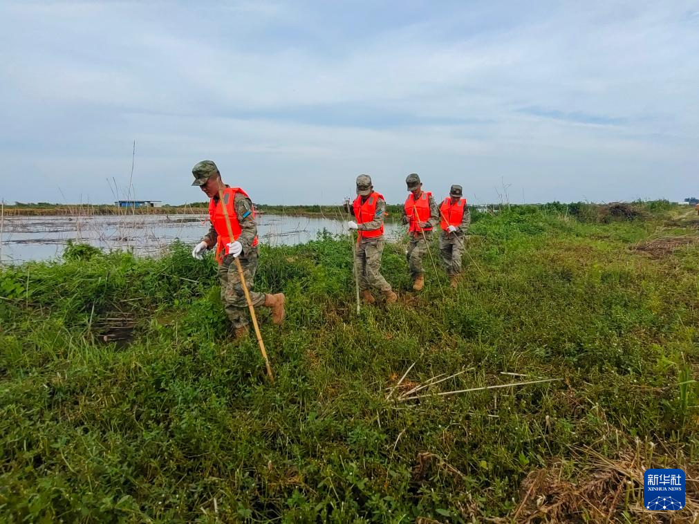 7月8日，南部战区空军航空兵某师官兵在湖南省岳阳市华容县团洲垸钱团间堤巡堤排险。新华社发（张延霞 摄）