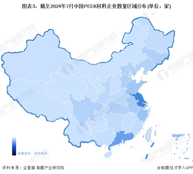 图表3：收尾2024年7月中国PEEK材料企业数目区域分袂(单元：家)