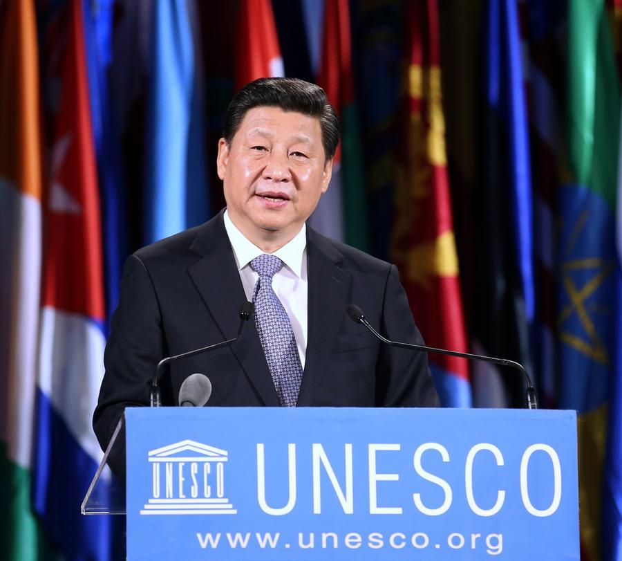 2014年3月27日，国家主席习近平在巴黎联合国教科文组织总部发表重要演讲。（新华社记者姚大伟摄）