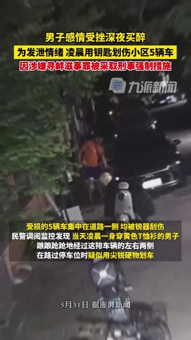 男子感情受挫为发泄情绪划伤5辆车，因涉嫌寻衅滋事罪被采取刑事强制措施