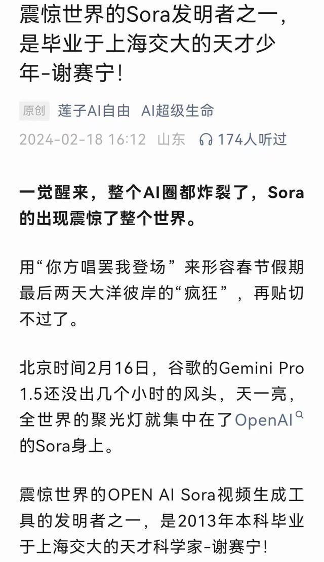 谢赛宁否认系Sora发明人之一:一点关系都没有_凤凰网