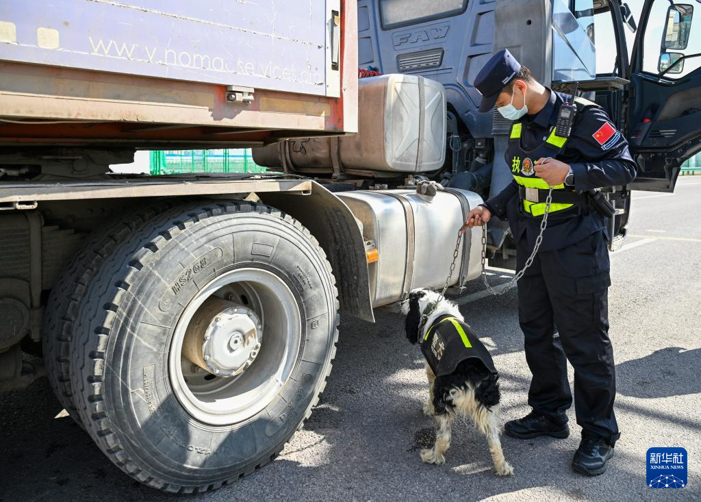 4月18日11时许，在霍尔果斯公路口岸，边检警察和警犬在查验入境车辆。新华社记者 陈朔 摄