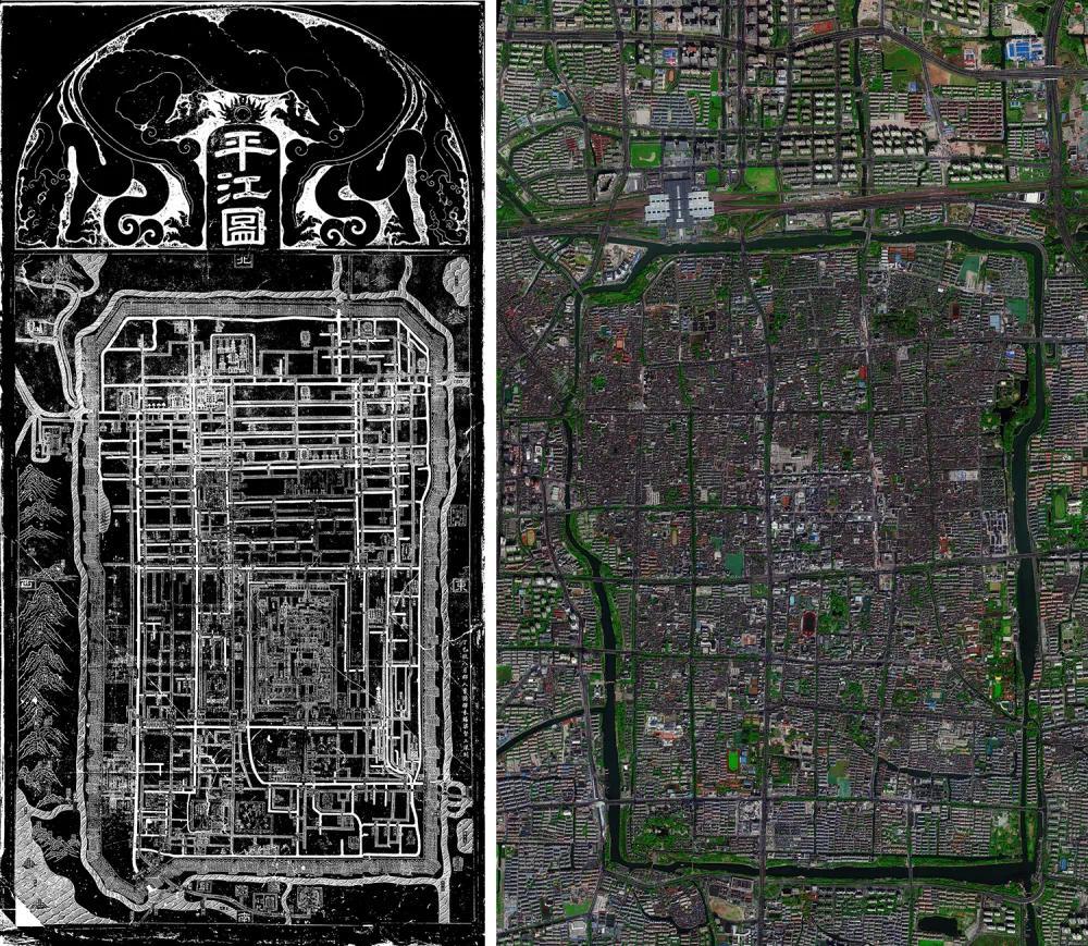 拼版照片：左图为宋代碑刻《平江图》（资料照片）；右图为2023年3月拍摄的苏州古城的卫星图像。新华社发