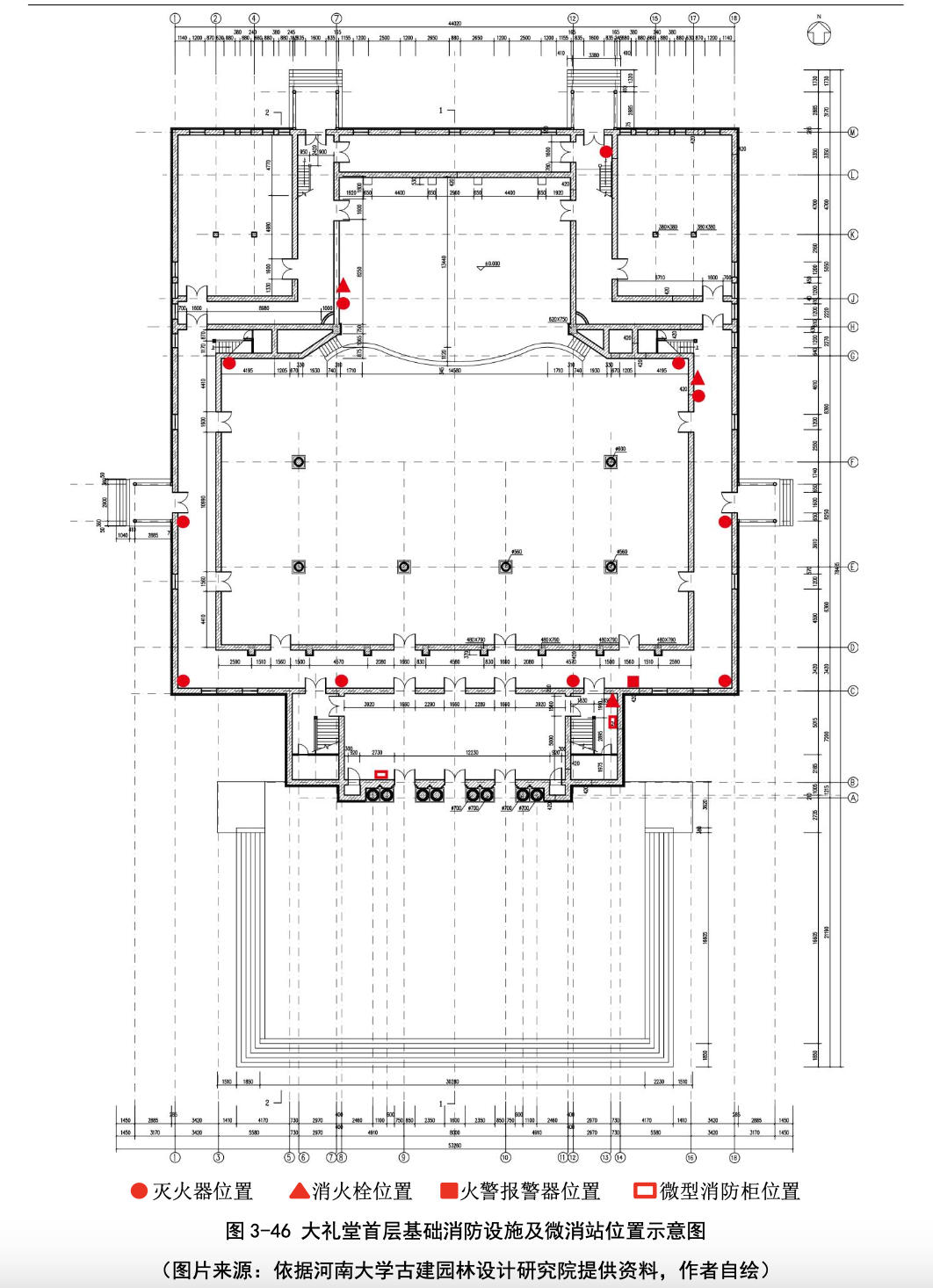 大礼堂首层基础消防设施及微消站位置示意图。论文截图