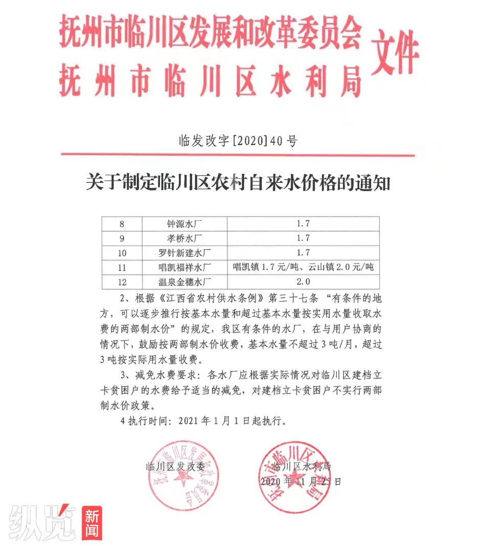 关于制定临川区农村自来水价格的通知。（来源/临川区人民政府官网）