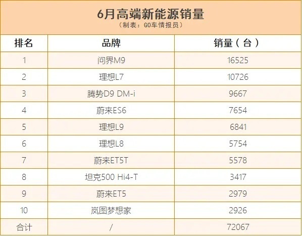 6月高端新能源销量：问界M9卖了1.6万台 蔚来三款上榜 理想差点意思