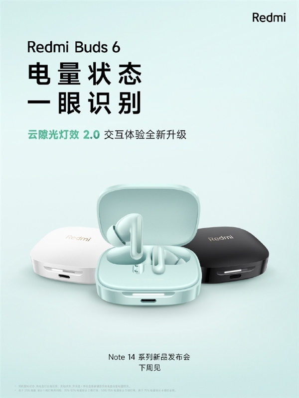 充电盒可显示电量状态!Redmi Buds 6官宣:总续航42小时