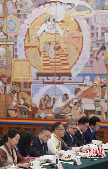 2024年3月6日，出席十四届全国人大二次会议的西藏代表团在北京人民大会堂西藏厅举行开放团组会议，审议政府工作报告并回答记者提问。崔楠 摄