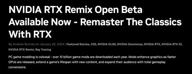 英伟达RTX Remix公测版正式上线，一键为DX8/9游戏增加光追