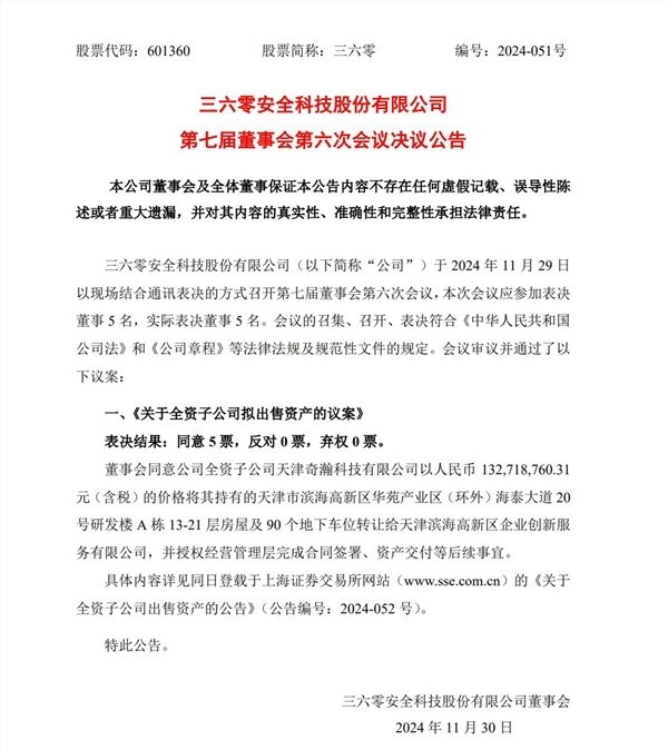 周鸿祎公司一会儿卖房：董事会情愿360全资子公司1.33亿元出售房屋车位