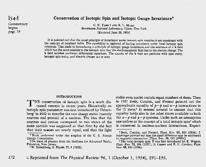 △1954年杨振宁与米尔斯关于“非阿贝尔规范场”的论文