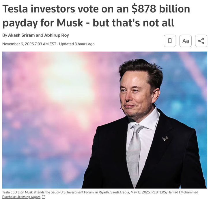 △路透社报道,马斯克心怀将特斯拉公司转型为人工智能与机器人领域巨头的宏大愿景,此次“马斯克奖励方案”通过,就是对其领导力及该愿景的有力认可