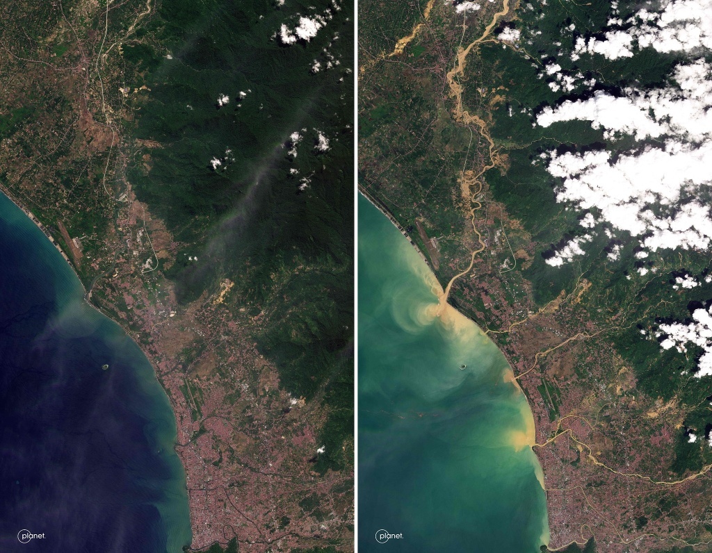 当地时间2025年12月1日,印尼巴东,卫星图像组合图显示了2025年6月26日(左)和2025年11月29日(右)迪特瓦飓风袭击苏门答腊岛后的印尼巴东市及周边地区。视觉中国 图