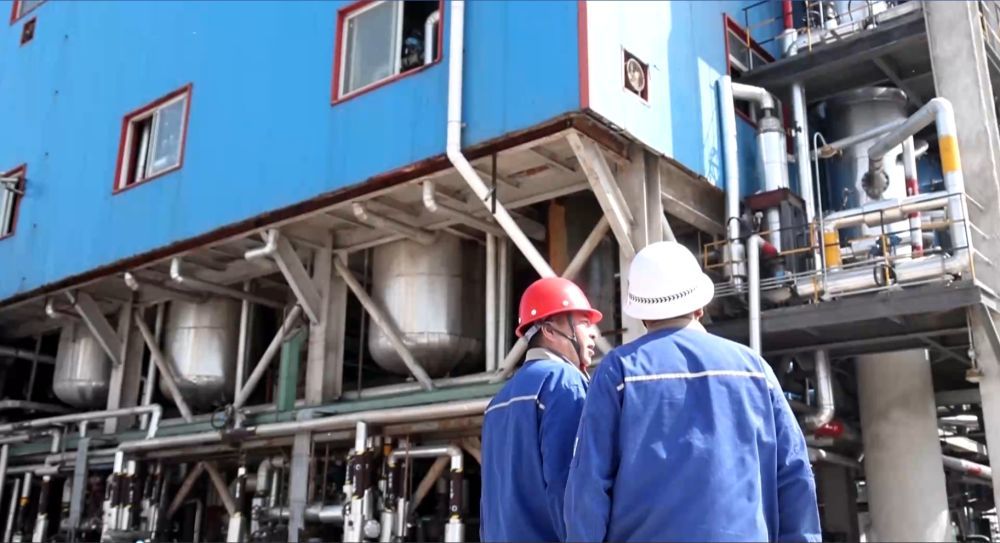 鑫岳化工集团的工作人员在厂房前。新华社记者 王欢 摄