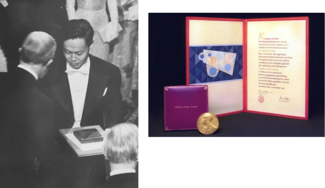 1957年,杨振宁自瑞典国王手中接受诺贝尔奖章(左)、诺贝尔奖章与奖状(右)图源:“清华大学”微信公众号
