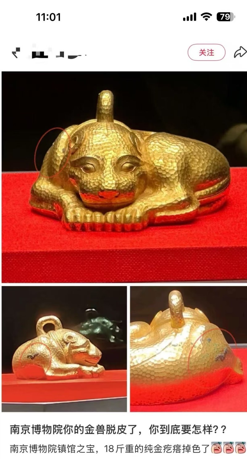 网友发帖质疑,南博的金兽“脱皮掉色”。网页截图