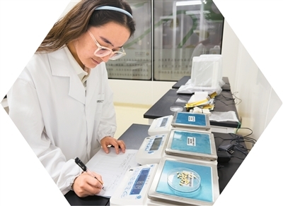 科研人员对种质资源进行考种、称取种子千粒重。