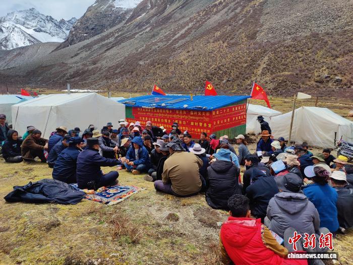 虫草采集期间,比如县公安局工作人员在采集点为群众调解纠纷,进行普法宣讲。 受访者供图