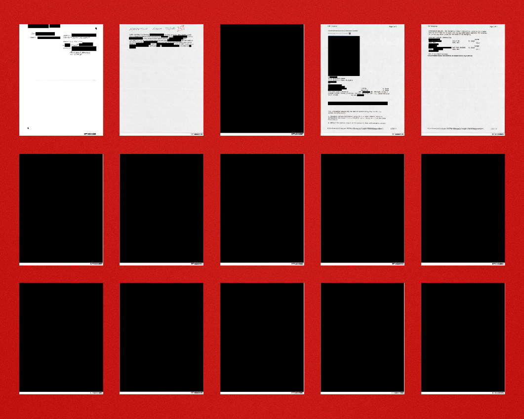 《卫报》汇编了美国司法部公布的爱泼斯坦案相关文件中的被涂黑页面。图源:《卫报》报道配图