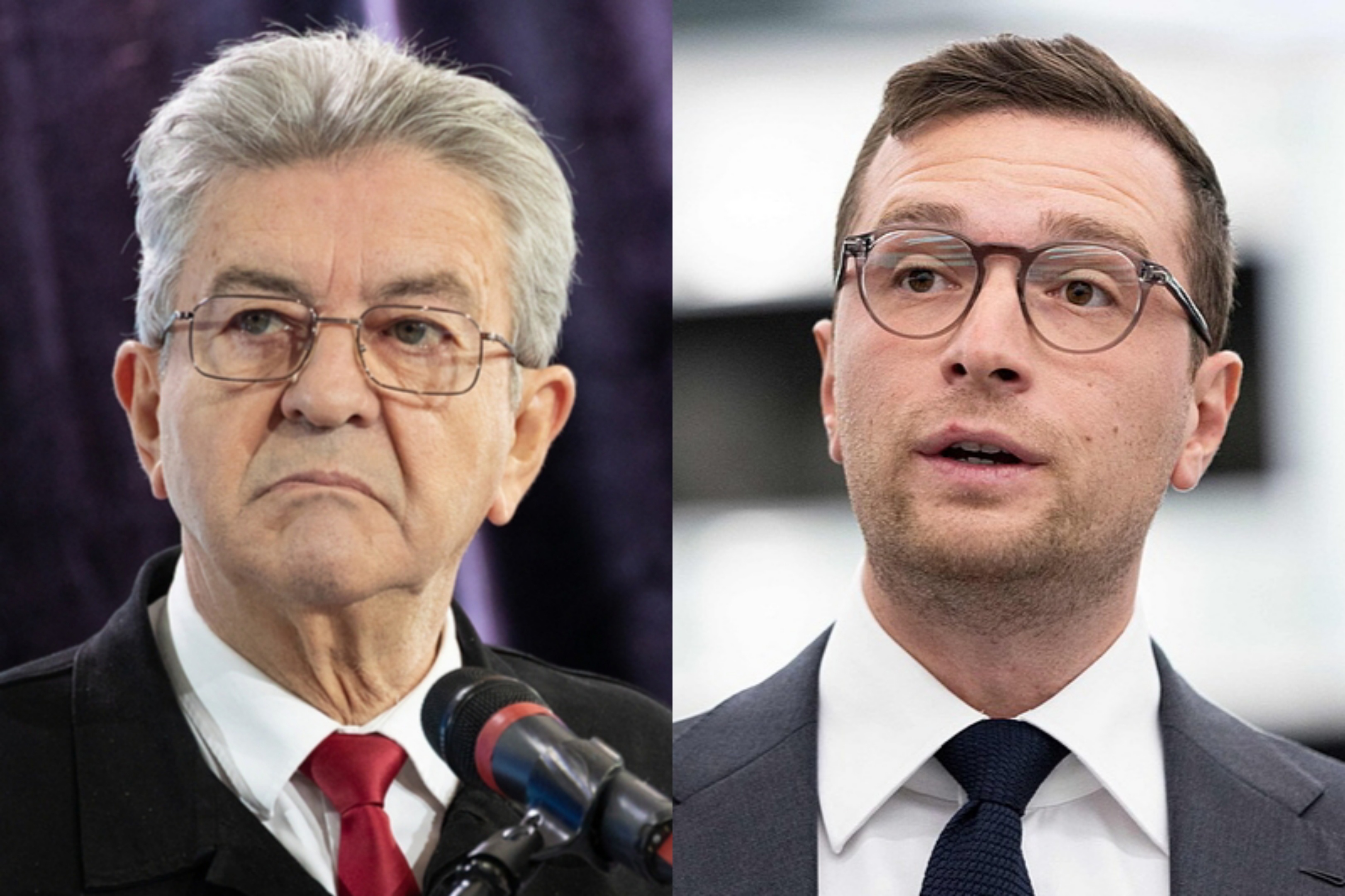 △極左翼“不屈法國”領(lǐng)導(dǎo)人梅朗雄(左)、極右翼國民聯(lián)盟主席巴爾代拉(右)