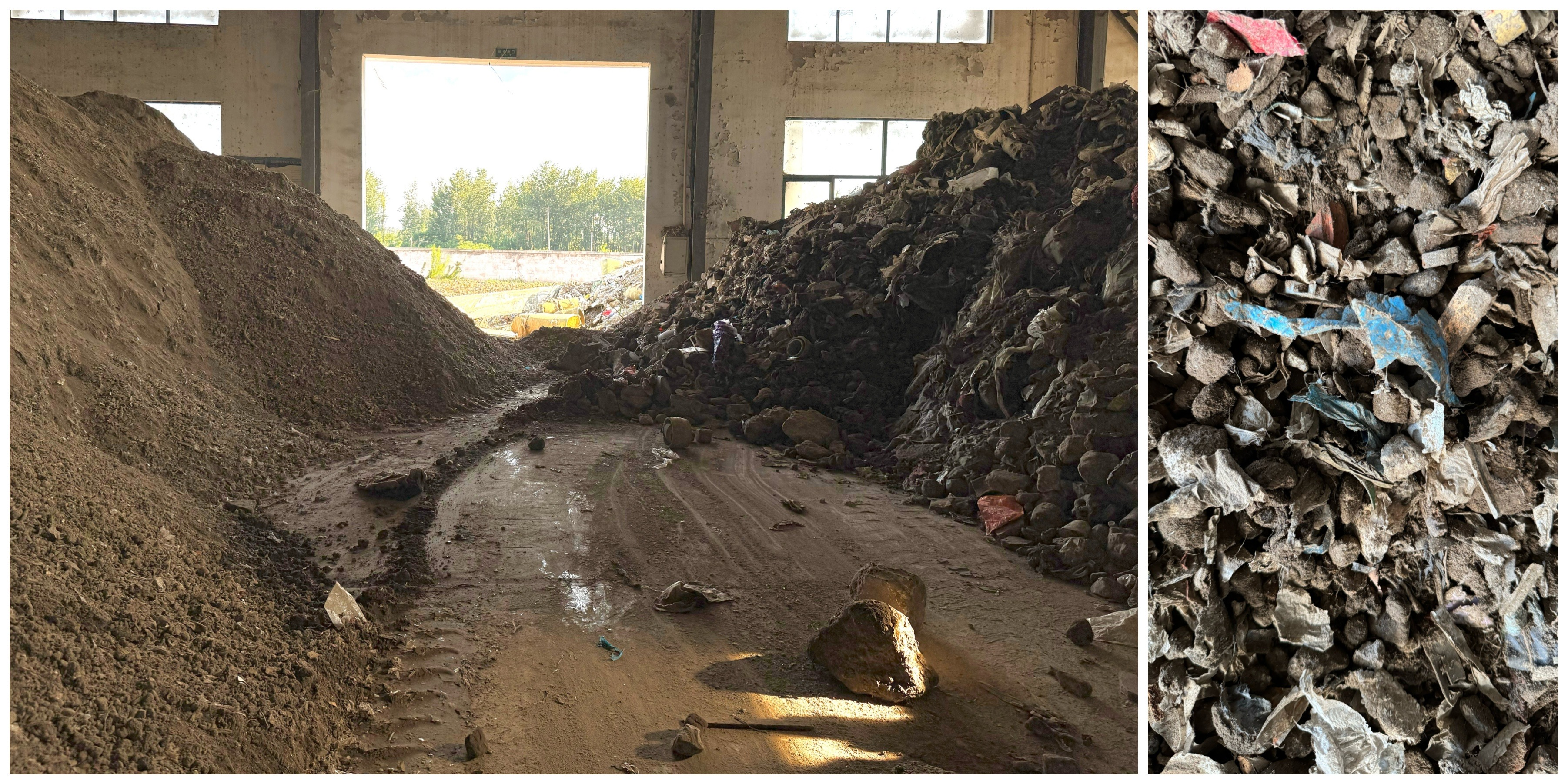 记者跟着货车来到淮安市新兴村的一个垃圾站,堆放着大量渣土碎石、生活垃圾等