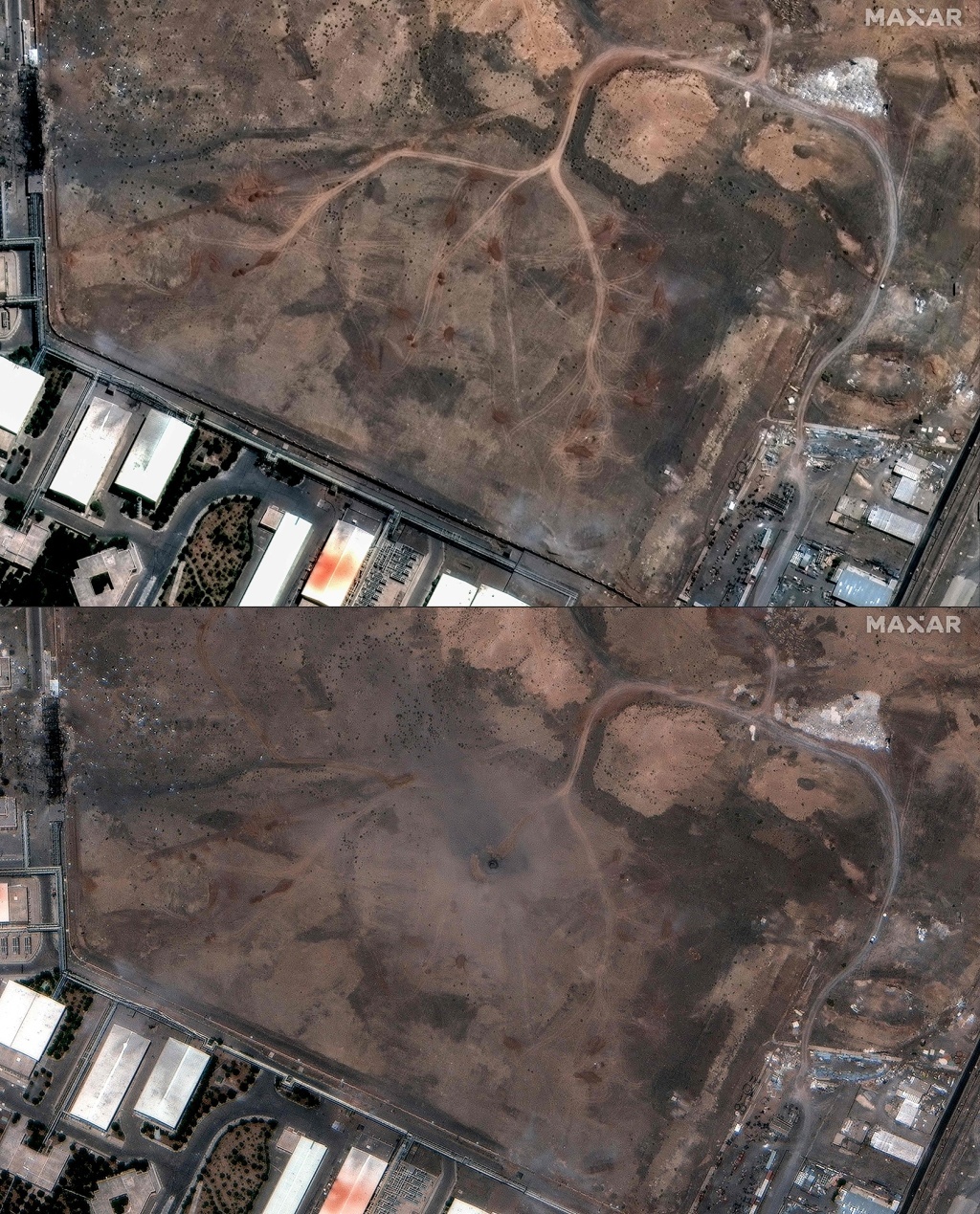 当地时间2025年6月22日，卫星图像组合显示，伊朗纳坦兹核设施在2025年6月15日（上）和2025年6月22日美国袭击后的弹坑（下）。