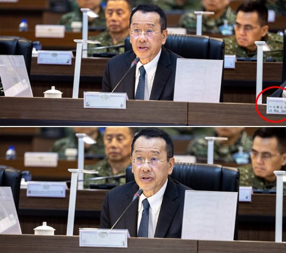 台“军闻社”发布“汉光”兵推相片，疑似出现好意思军印太司令部联五次长的名牌（上图红圈处），现在网站已裁掉名牌（下图）。 台“中央社”