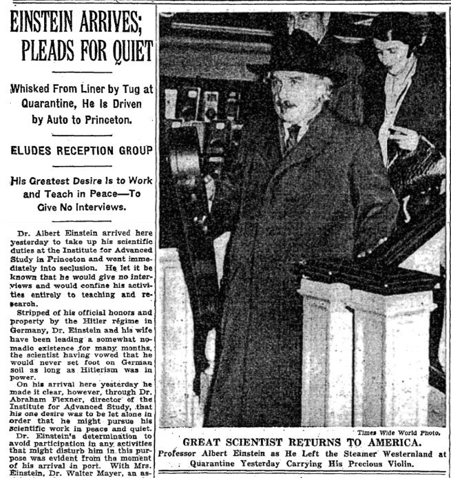 1933年10月,阿尔伯特·爱因斯坦离开欧洲入境美国时的美国报纸报道
