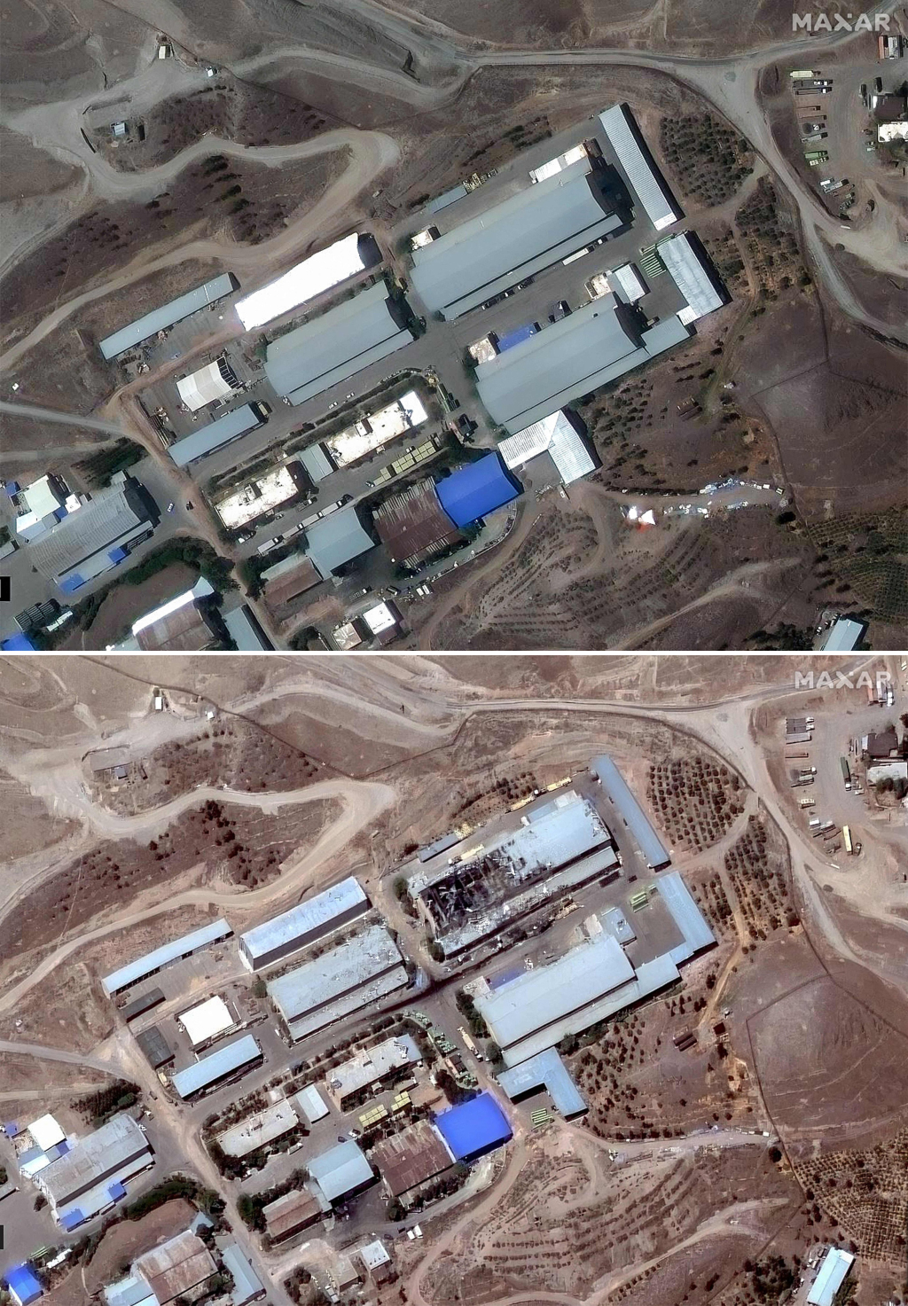 伊斯兰革命卫队加迪尔(Ghadir)基地遭袭前后。上图:2025年5月1日,下图:2025年6月14日