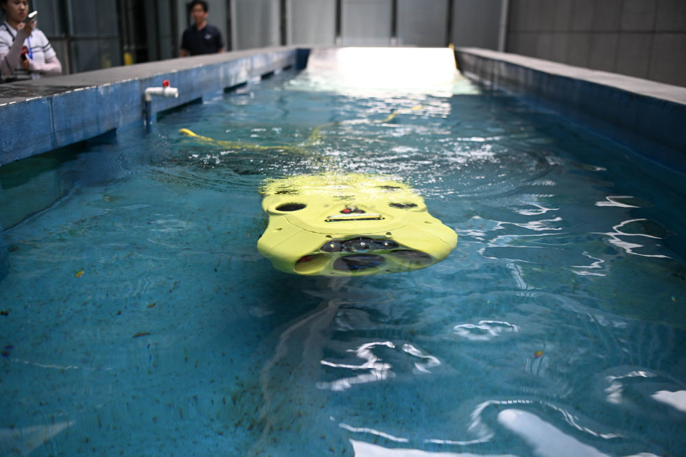 图为广东蓝潜海洋技术有限公司工作人员对智能水下机器人进行测试。新华社记者 邓华 摄