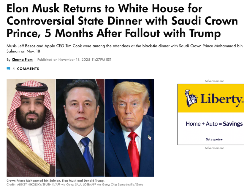 △美国人物与娱乐周刊《人物》报道,与特朗普关系破裂五个月后,马斯克重返白宫