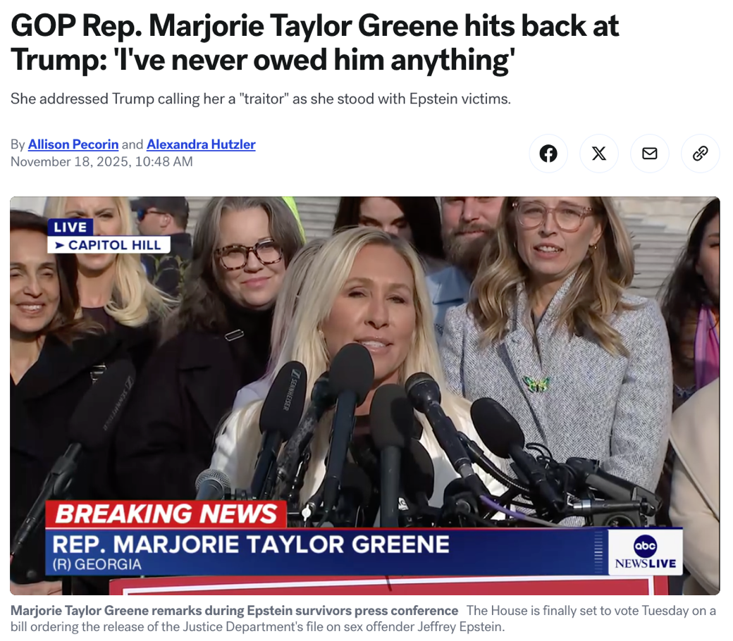 △据美国广播公司报道,共和党众议员玛乔丽·泰勒·格林因坚持要求公开爱泼斯坦档案而与特朗普发生激烈冲突,显示共和党阵营内因此出现裂痕。