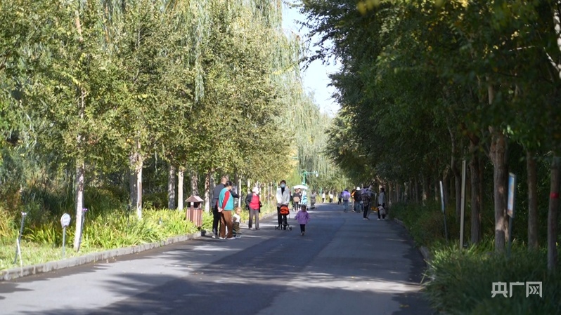 市民在湿地公园散步 (央广网记者丁安 摄)