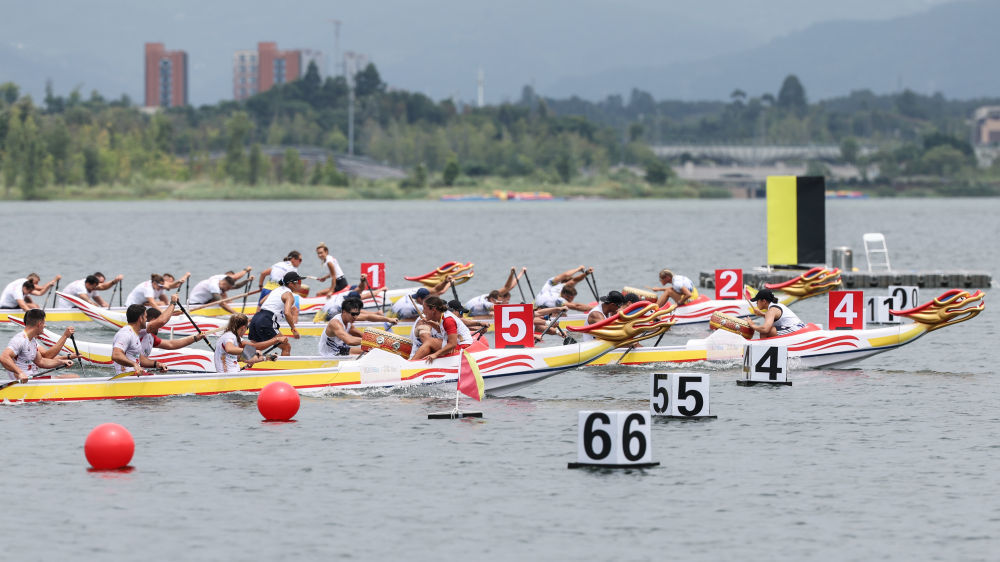 ↑在成都兴隆湖湖滨赛场，选手们在2025年成都世运会龙舟8人座公开组200米半决赛比赛中（8月9日摄）。