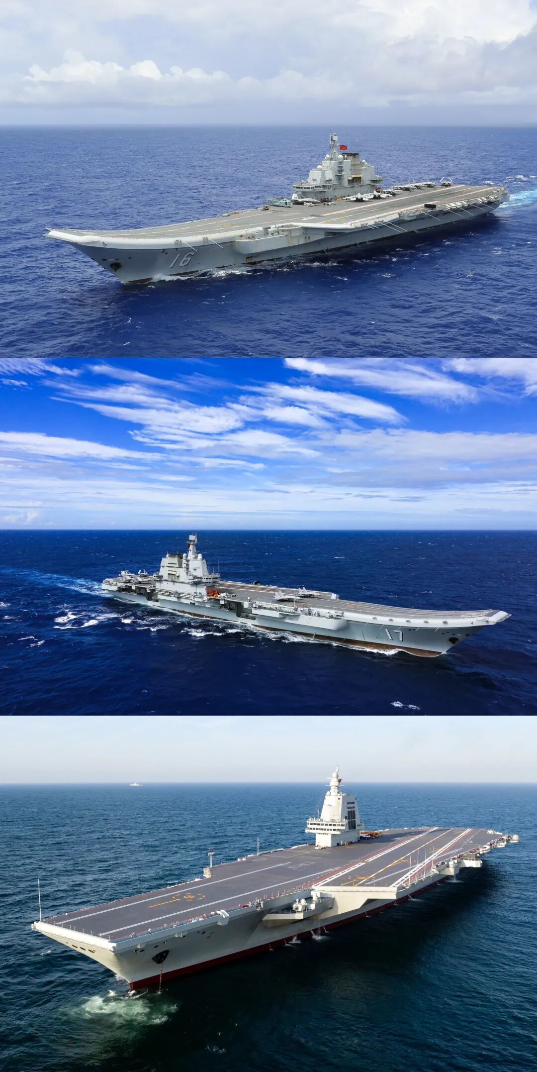 从上到下依次为:辽宁舰、山东舰、福建舰 图源:新华社