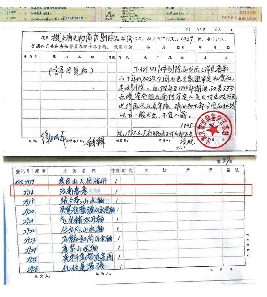 1997年5月8日，被认定为赝品的《江南春》图卷退出南京博物院馆藏记录(受访者供图)