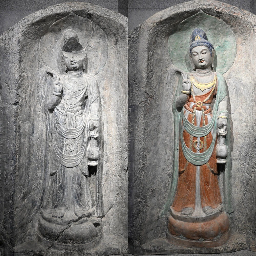 左圖為龍門石窟萬佛洞窟前南壁菩薩造像的3D打印模型,；右圖為利用數(shù)字化技術(shù)復(fù)原后的3D打印模型（2025年4月10日攝，拼版照片）,。復(fù)原后的像龕精妙絕倫,，栩栩如生，被游客譽(yù)為“龍門最美菩薩”,。圖片來源新華社